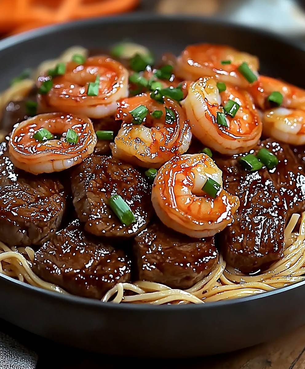 Shrimp teriyaki steak noodles