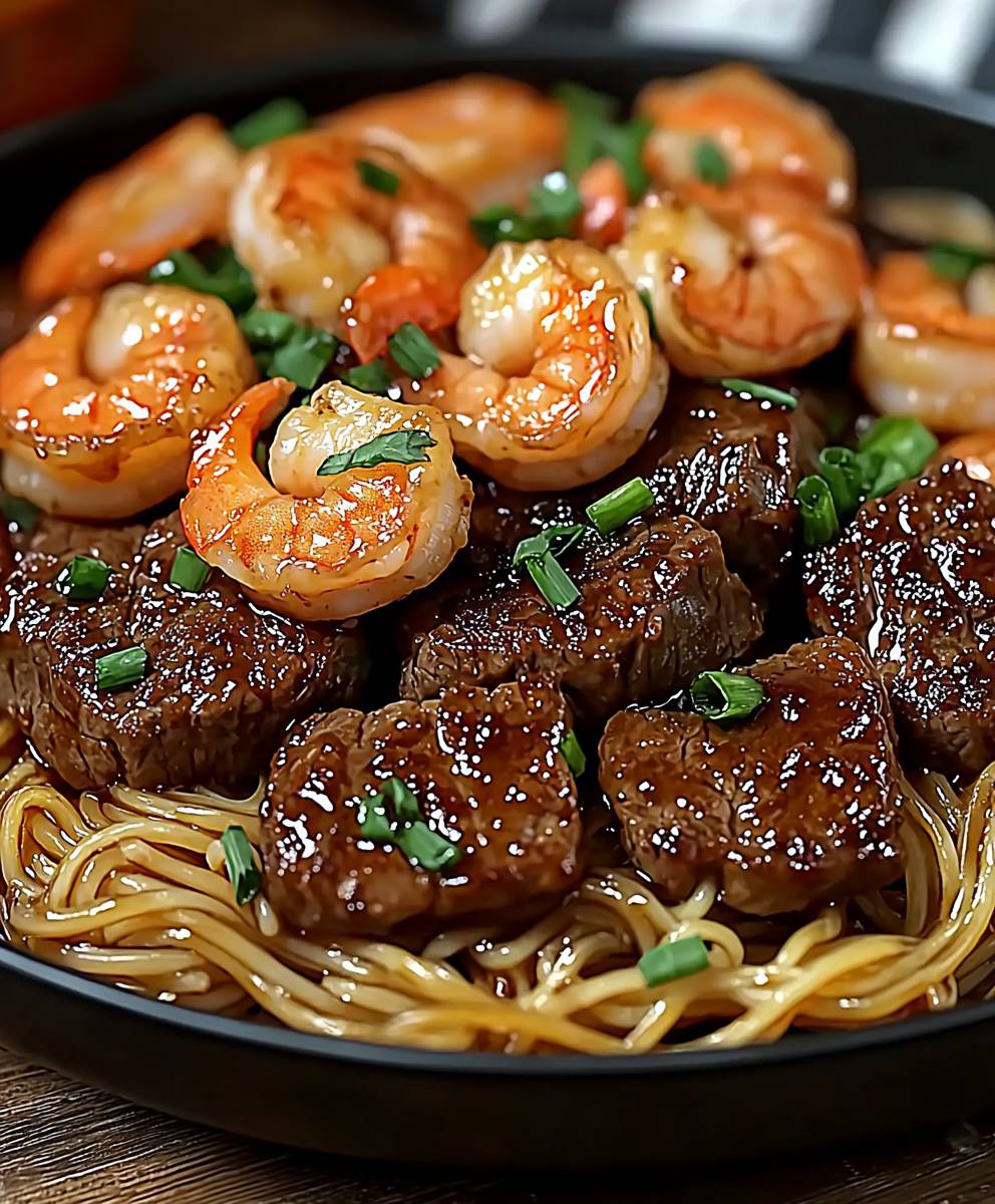 Shrimp teriyaki steak noodles
