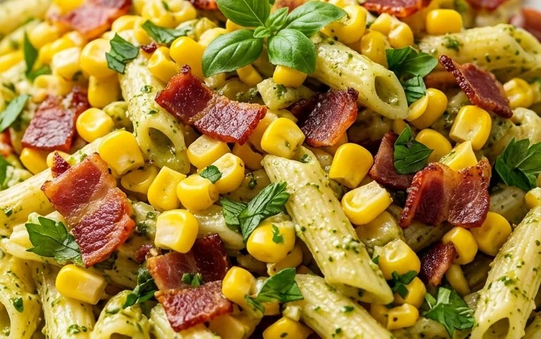 Corn Pasta Salad with Beef Bacon and Creamy Pesto Dressing