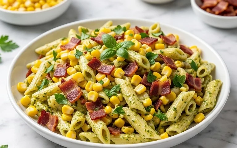 Corn Pasta Salad with Beef Bacon and Creamy Pesto Dressing